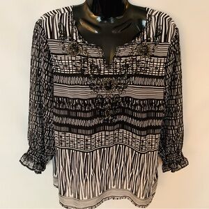 Kerrybrook Beaded Sheer Blouse Crystals Sz L Black